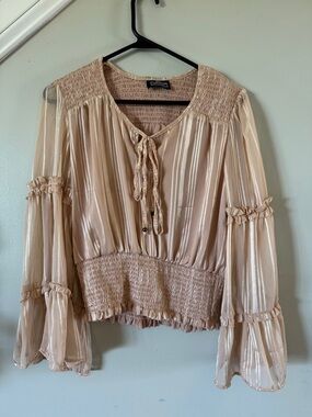 Angie Sheer Tie-Front Smocked Blouse in Beige